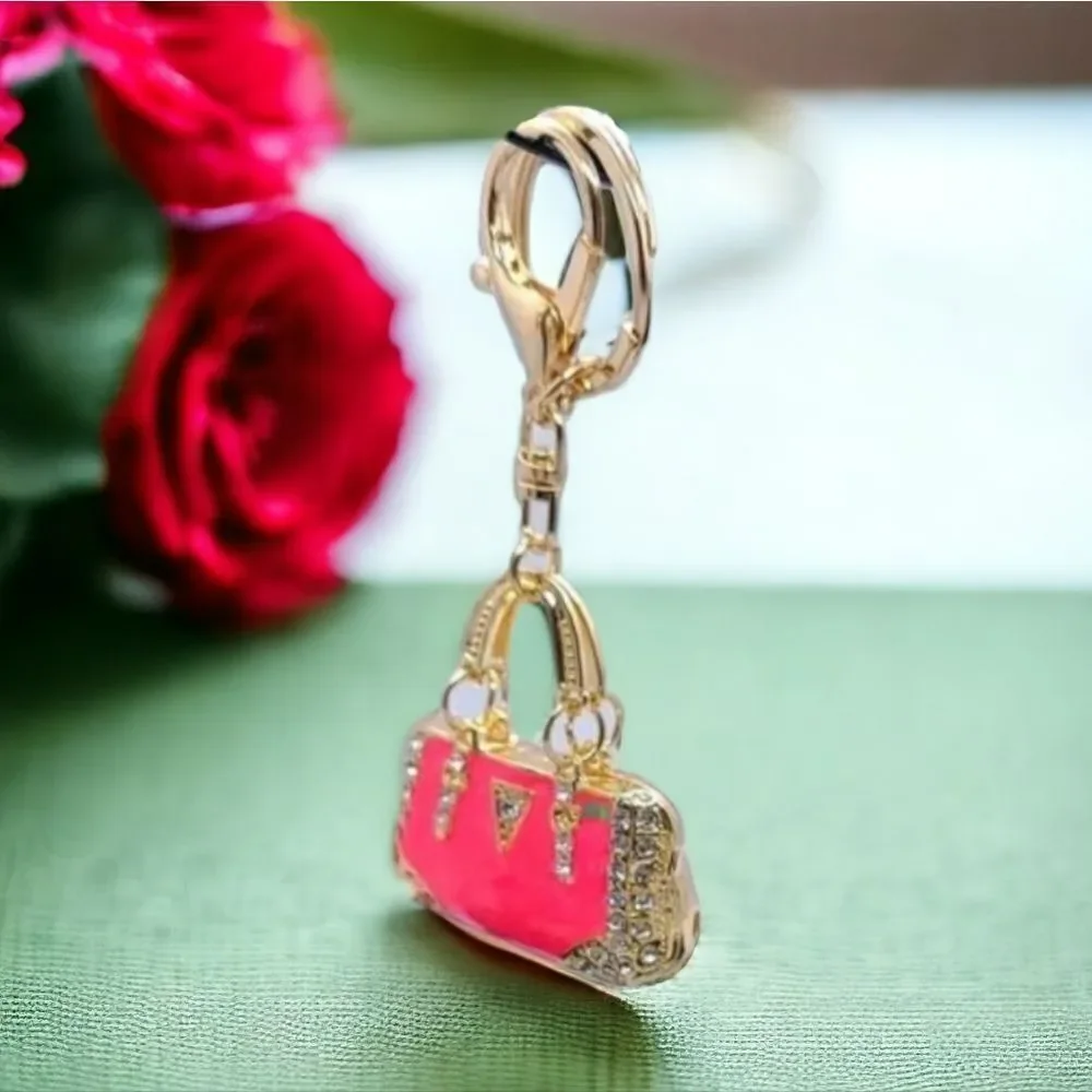 Pink Mini Handbag Bag Clip Purse Charm Rhinestone Pearlized Enamel Gold Keychain